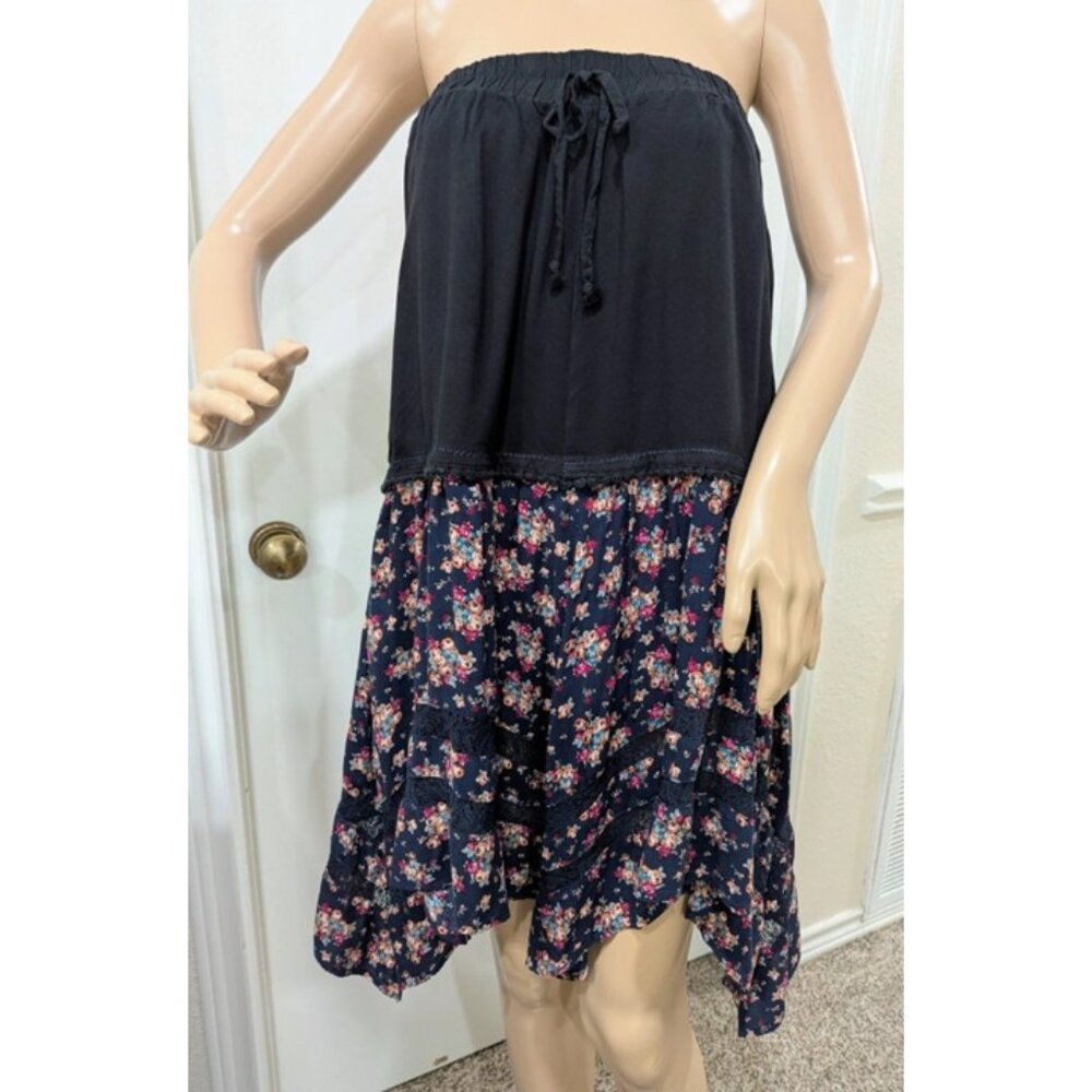 Upcycled Floral Skirt / Dress Asymmetrical Hem Lace Size M/L Black Burgendy Boho